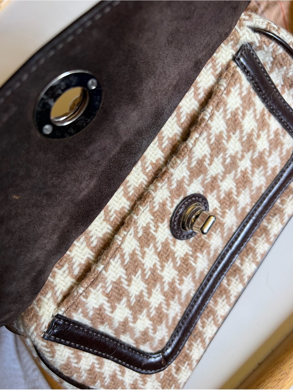 Coach Brown Suede & Houndstooth Shoulder Bag with Silver Hardware - Picture 8 of 11
